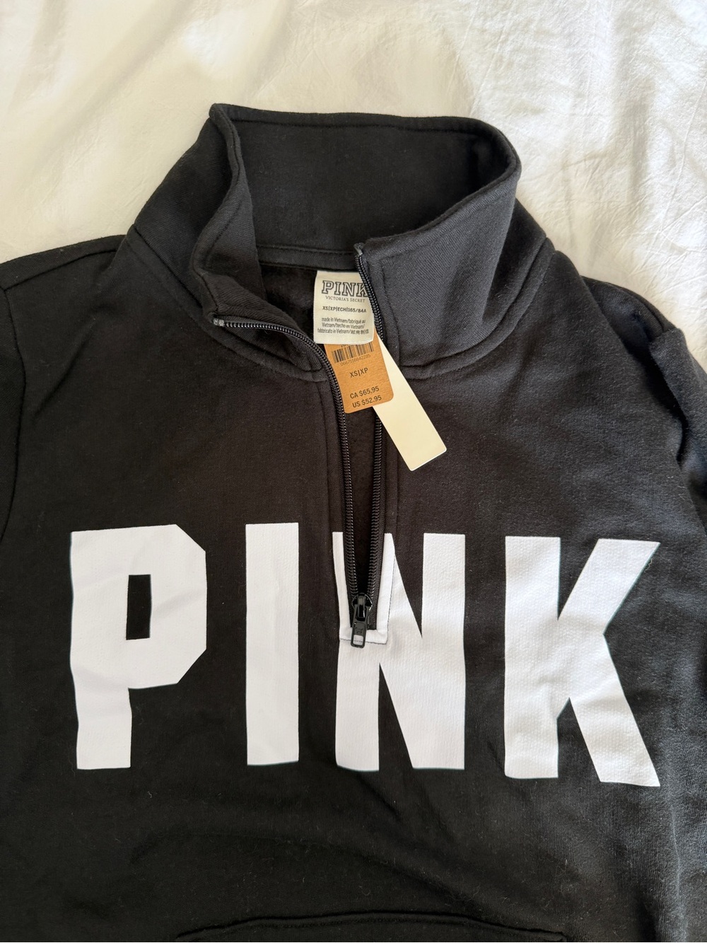 NWT PINK Half-Zip Pullover Sweatshirt in Black White Logo Quarter Zip Victoria’s - Picture 3 of 3